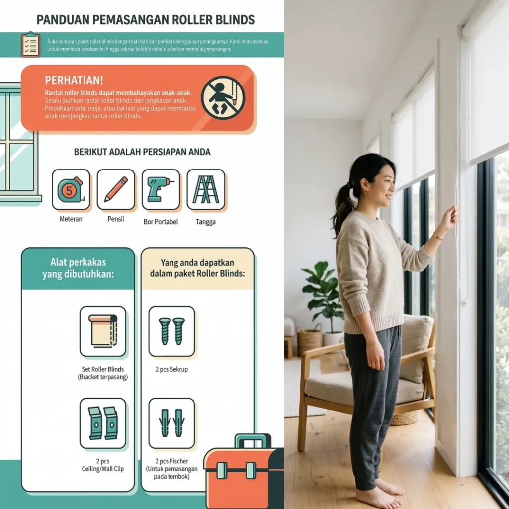 Persiapan alat pemasangan roller blinds: meteran, pensil, bor portabel, tangga, sekrup, fischer dan wall clip